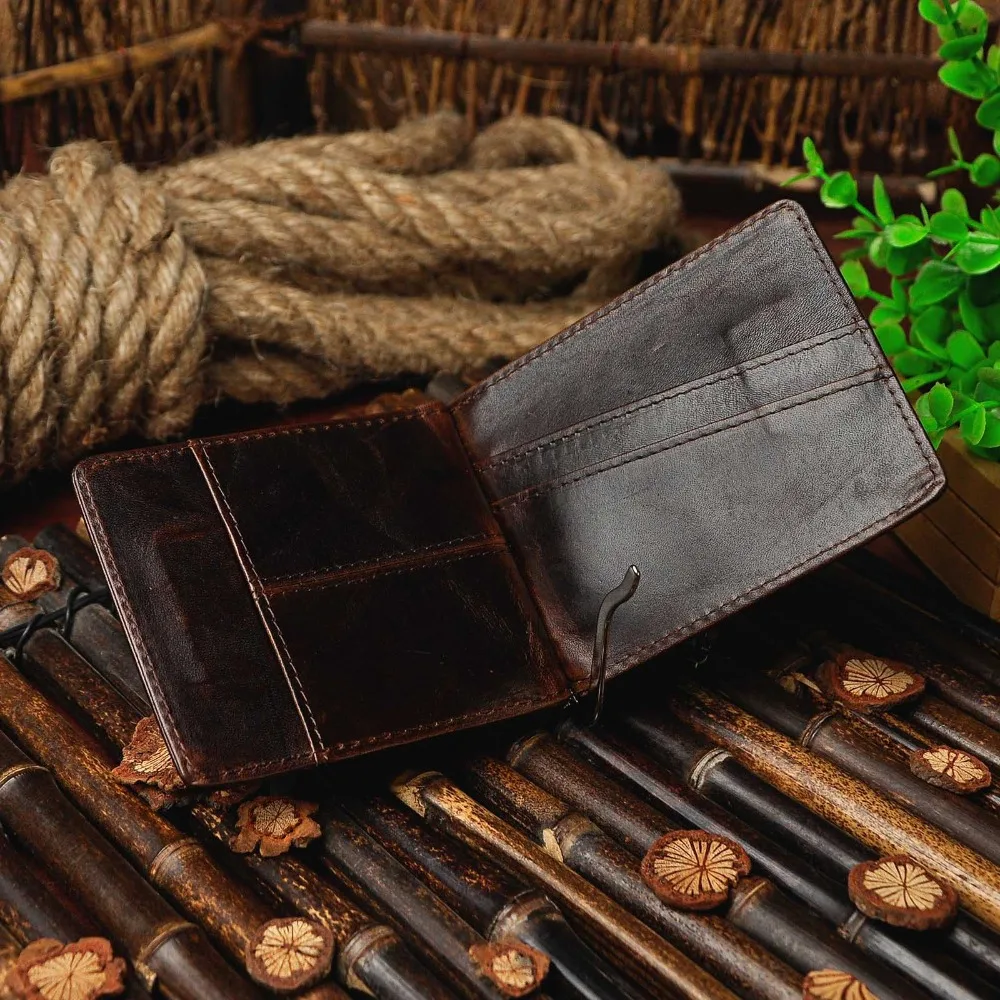 Genuine Leather Men Magnetic Money Clip Gift Wallet Card Photo Holder Case Design Front Pocket Wallet Mini Purse Male 1098-c