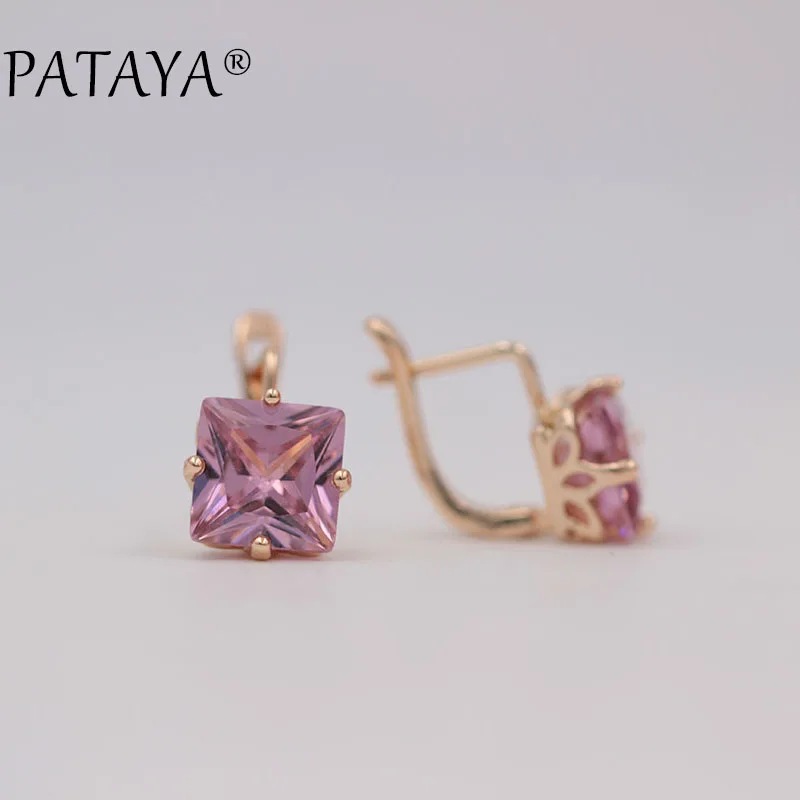 PATAYA New Trendy Wedding Earrings Women 585 Rose Gold Color Jewelry Fashion Big Square Pink Natural Zircon Luxury Drop Earrings