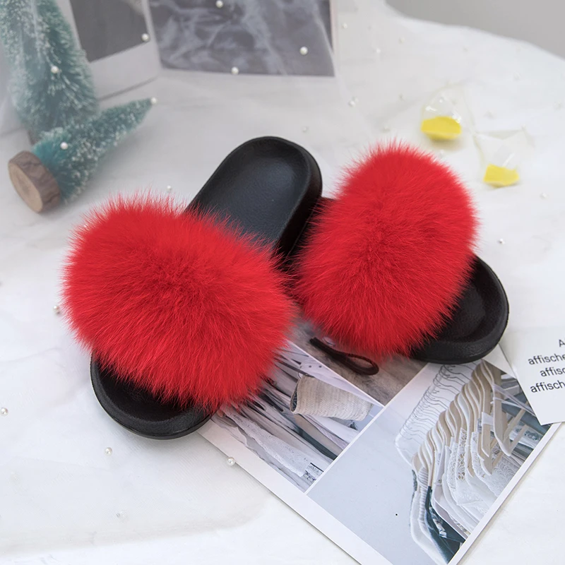 

Women's tide new spring and summer fur fox fur slippers slippery outside wearing home fur shoes sandals flat shoes real fur