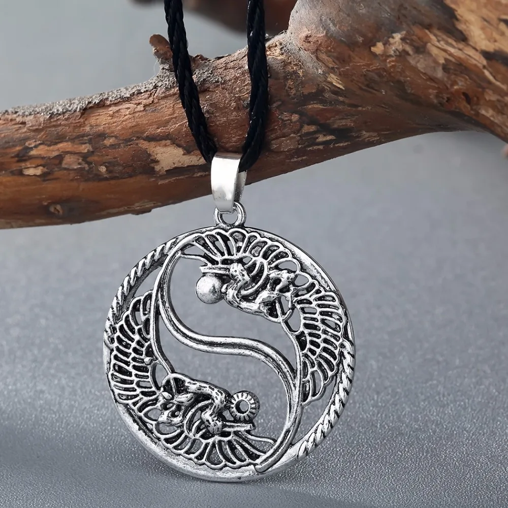 Kinitial Chinese Taoism Sign Ancient Eight Diagrams Pendant Necklace Charms Yin Yang Jewelry Double Phoenix Necklaces Bijoux