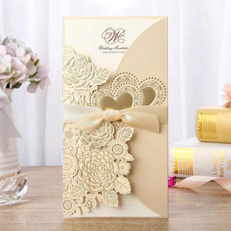 50pcs Laser Cut Rose Heart Wedding Invitations Card Greeting Cards Customize With Ribbon Wedding Decoration Event Party Supplies