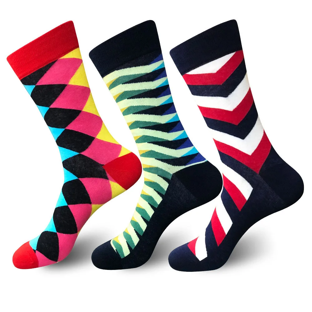 Stripe Diamond Lattice Colorful Happy Funny Men Dress Socks Male Casual Cotton Harajuku Hip Hop Socks Street Style Autumn Winter