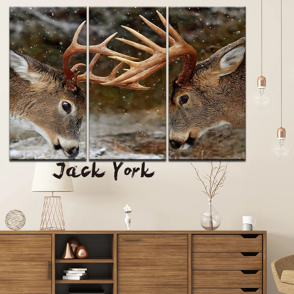 

Canvas Painting Animal two deer in snow 3 Pieces Wall Art Painting Modular Wallpapers Poster Print for living room Home Decor