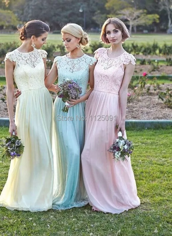 Lace Bridesmaid Dresses Sheer Cap Sleeves Long Wedding Party Dreses Chiffon A Line Bridesmaid Gowns vestido de festa