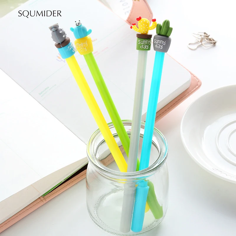 SQUMIDER 4 Colors Creative Cactus Pot Plant Gel Pen 0.5mm Black ink pens Stationery School Supplies