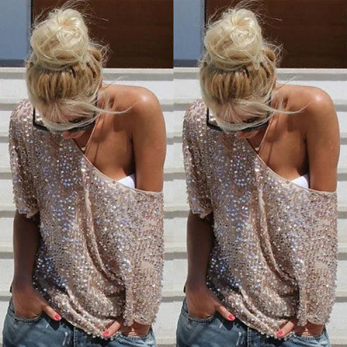 2018 New Fashion Hot Sexy Women Lady Sequined Bling Shiny Short Sleeve Casual Loose Shirt Off Shoulder T-shirt