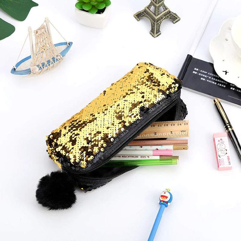 

Creative Reversible Sequin Hairball Pencil Case For Girls Bts Stationery Gift Cute Student Pencil Box Kawaii Student Supplies