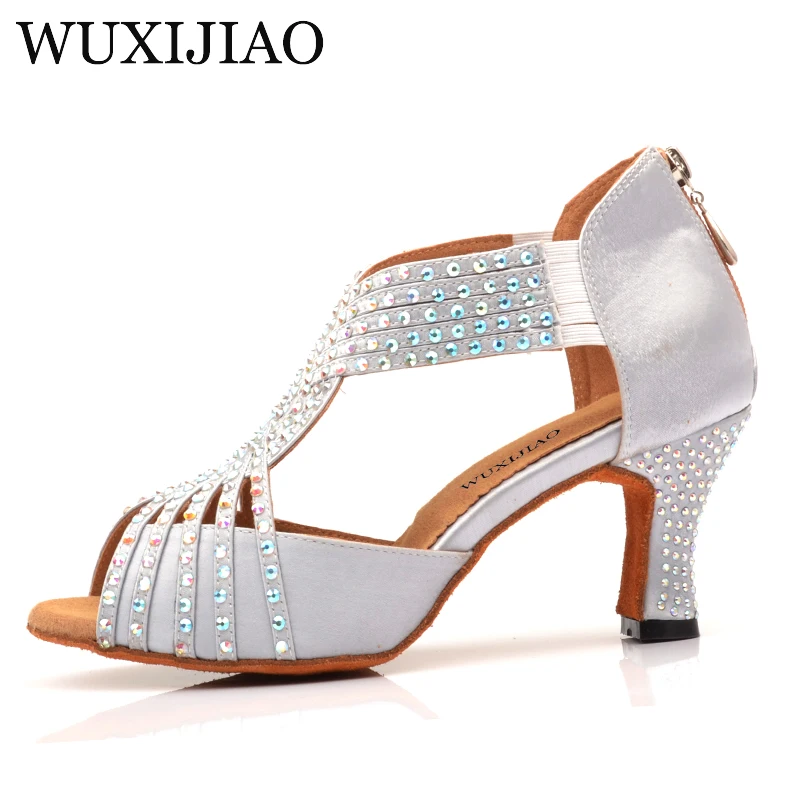 WUXIJIAO Diamond Silver Satin Latin dance shoes woman Salsa Party Rhinestones Ballroom dancing shoes Med heel 7cm zipper