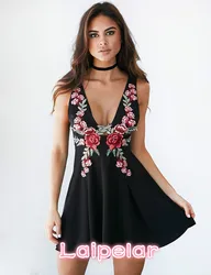 Novo sexy feminino profundo v-neck bordado floral vintage sem mangas vestidos de volta com zíper roupas laipelar