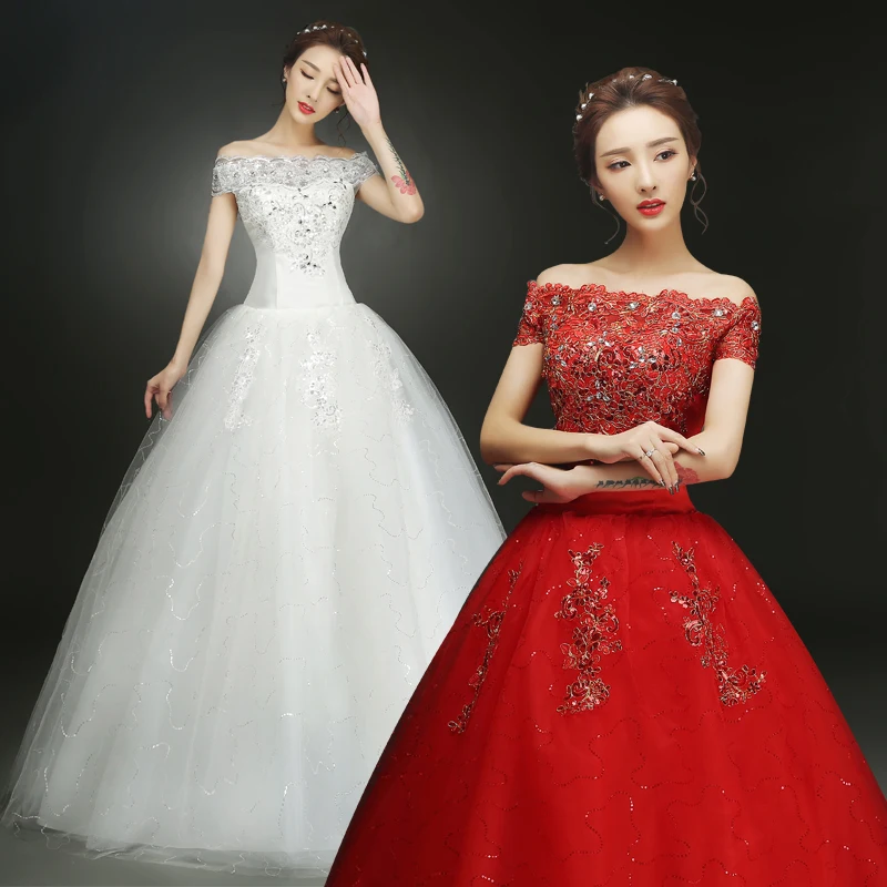 WhiteRed Váy Cưới Cô Dâu Kích Thước Lớn Vai Ren Up Wedding Dresses New Bóng Áo Công Chúa Dresses