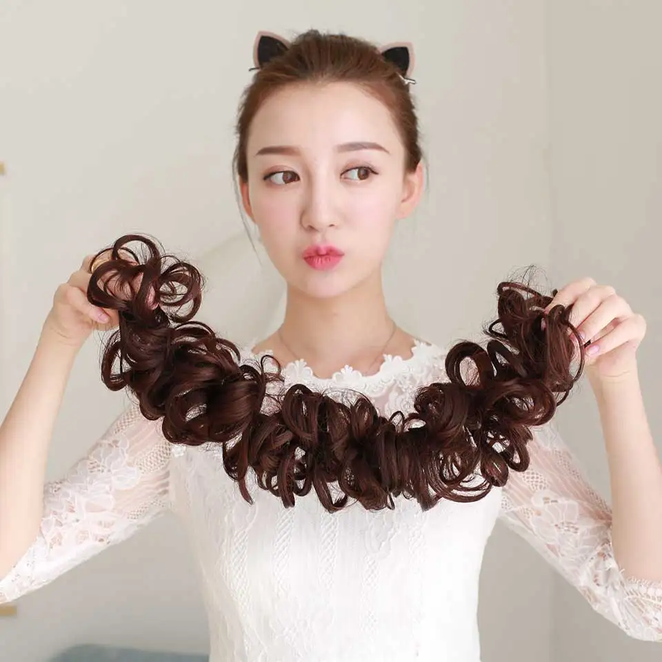 MEIFAN Synthetic Messy Scrunchies Curly Donut Chignon Hair Bun Elastic Band Hair Extensions Hairpieces for Women