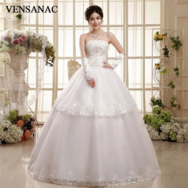 

VENSANAC Sequined Strapless Ball Gown Tiered Lace Appliques Wedding Dresses 2018 Crystal Backless Bridal Gowns