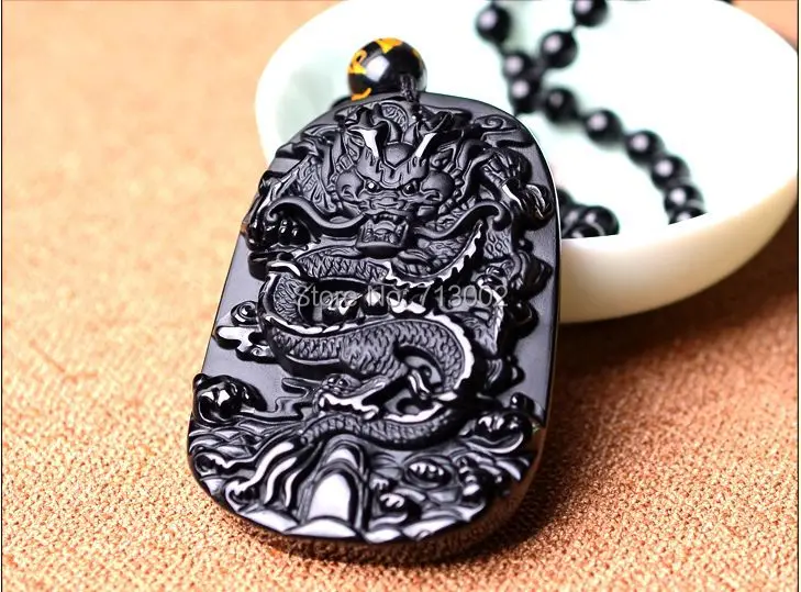 Natural Mexico obsidian Gemstone Dragon Pendant Amulet Lucky Ornaments