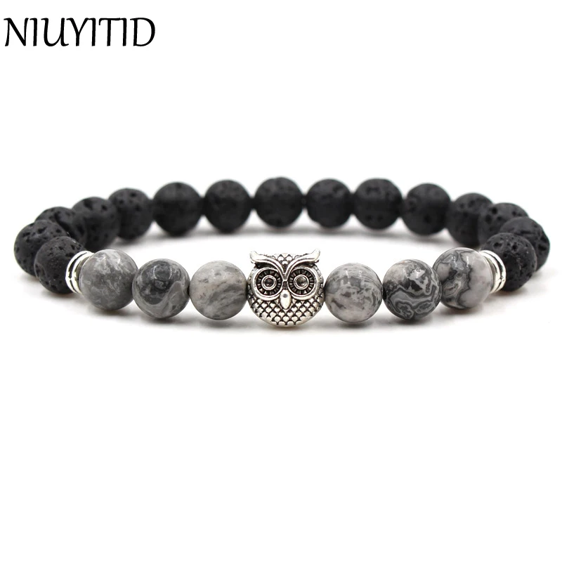 NIUYITID Owl Bead Bracelets Fashion Antique Silver Color Black Lava Volcanic Stone Bracelet Animal Charm Bracelet Mens Pulseras