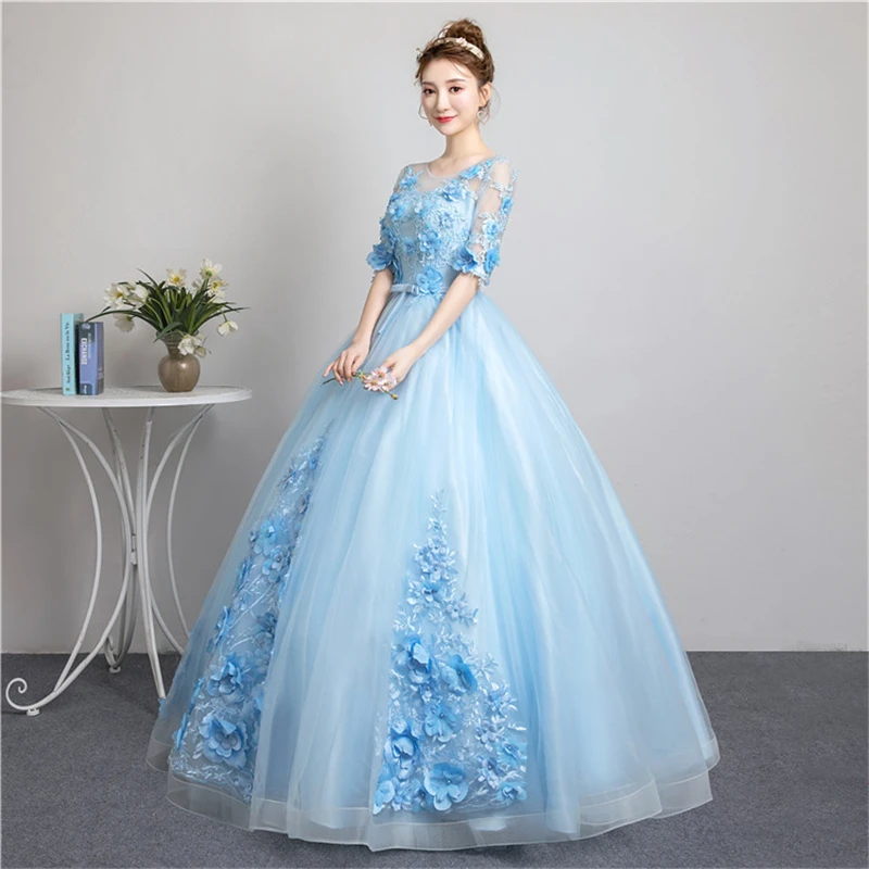 Sweet Elegant Light Blue Long Evening Dress Half Sleeve Pearls Applique Ball Gown Solo Show Masquerade Dress Vestido De Festa 30