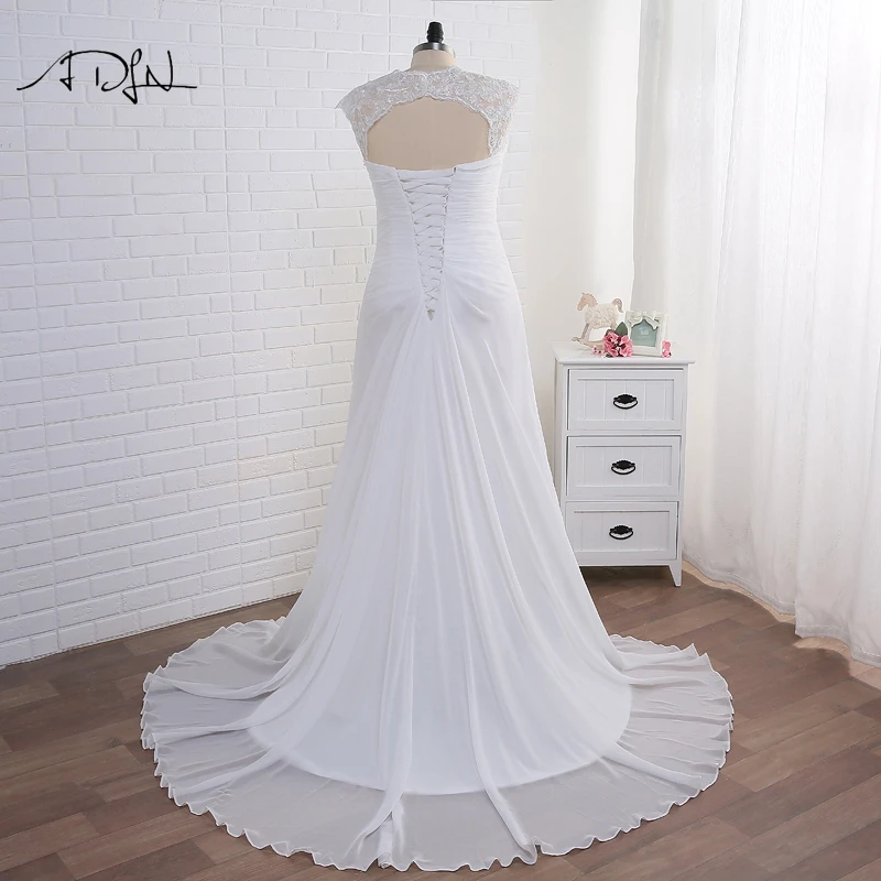 Adln Voorraad Plus Size Trouwjurken Elegante V-hals Wit/Ivoor Applique Kralen Chiffon Strand Bruidsjurk Vestidos De Novia