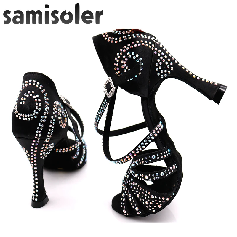 Samisoler Black Rhinestone ballroom dance shoes women Salsa dance shoes women Professional tango Latin Shoes style high heels