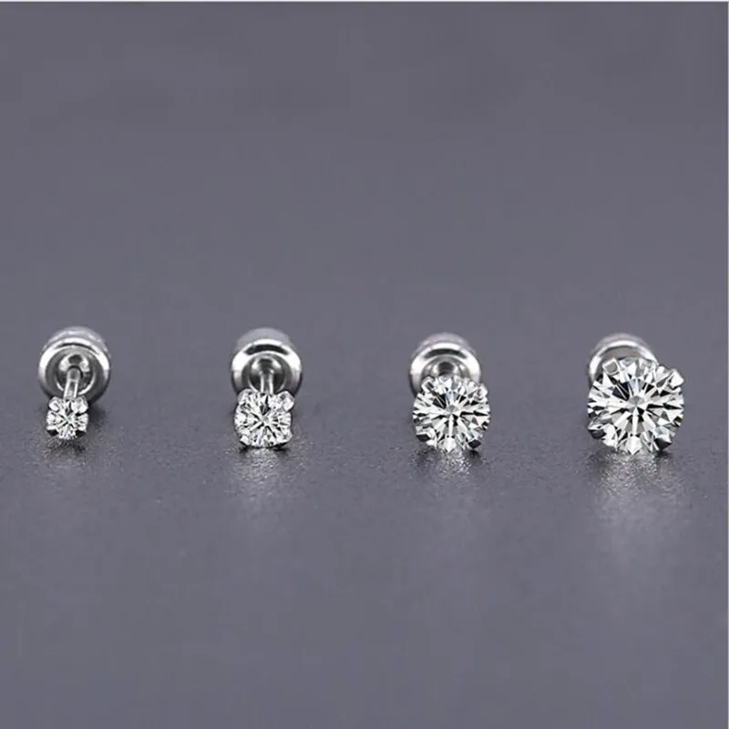 1 pair 2-5mm Brief Stainless Steel With 3A Crystal Zircon Stud Earrings Screw Slim Needle 3MM 4MM 5MM 6MM