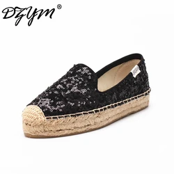 DZYM  Spring New Arrival Sequined Cloth Espadrille Bling Women Platform Flats Linen Straw Fisherman Shoes Hemp Zapatos Mujer