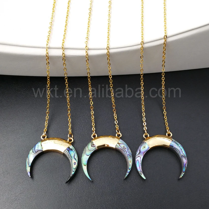 

WT-N836 WKT Wholesale Natural high quality Abalone shell crescent horn necklace 24k gold color abalone crescent necklace