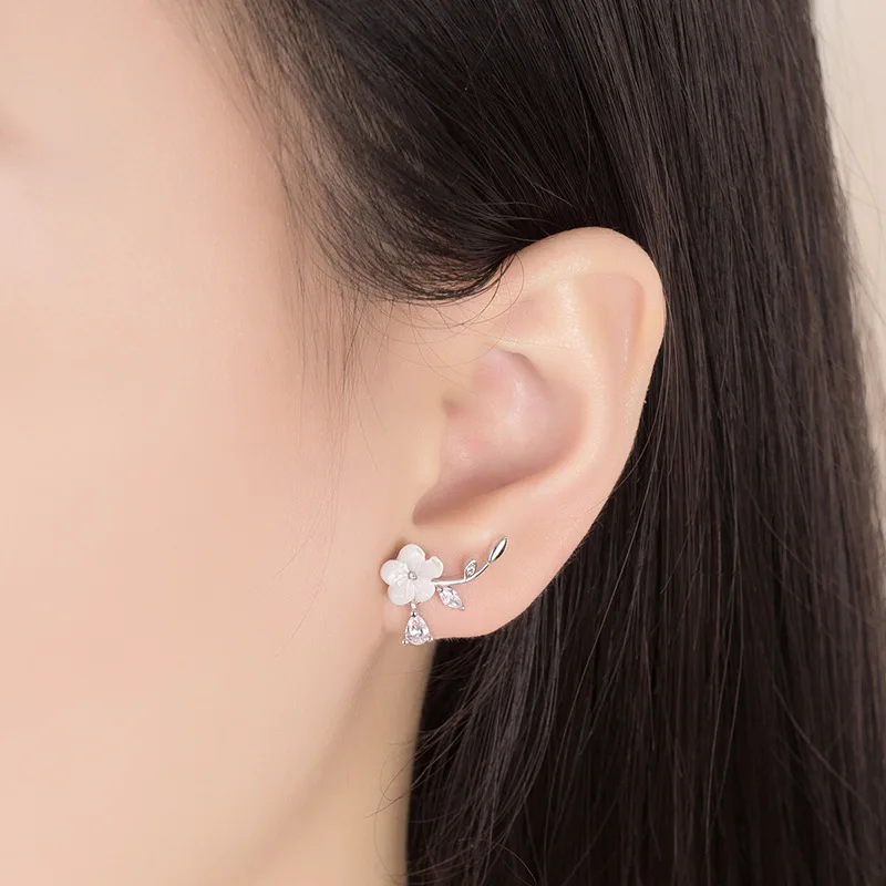 925 Silver Needle Fashion Shiny Crystal Pearl Flower Ladies Stud Earrings Women Jewelry Female Wedding Gift