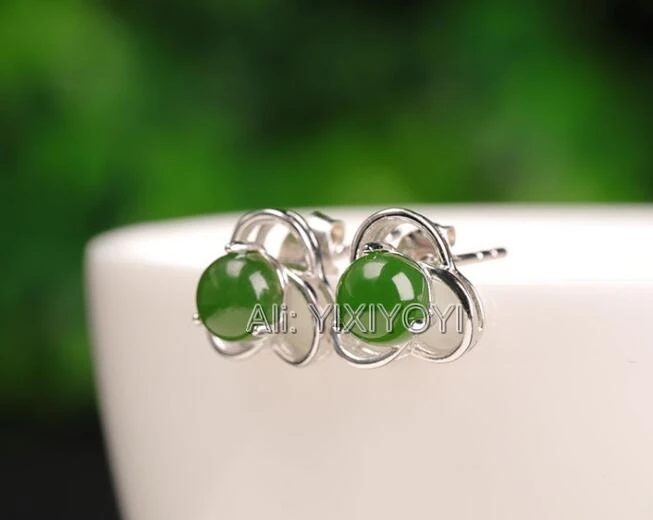 Beautiful 925 Silver Green HeTian Jade Round Beads Inlay Flower Stud Earrings Woman's Lucky Earring Ear Jewelry Certificate