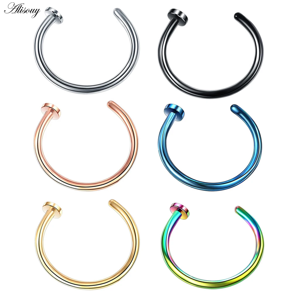 Alisouy 1pc Fake Septum Medical Stainless Steel Nose Ring Blue Gold Color Body Clip Hoop For Women Septum Piercing Jewelry Gift