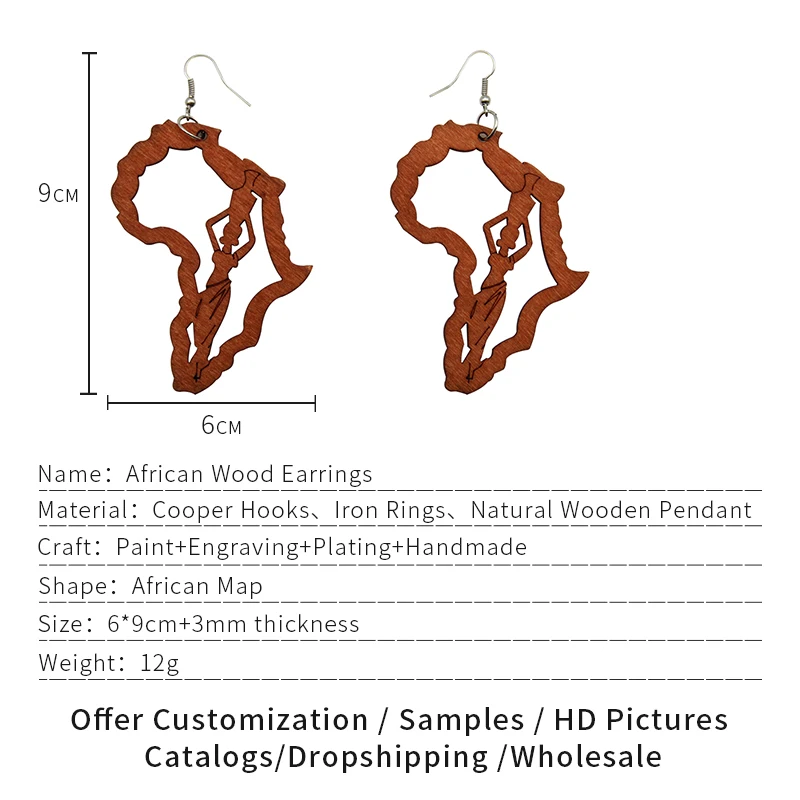 SOMESOOR Laser Engraved Afro Wooden Drop Earrings African Motherland Map Ethnic Tribal Pattern Handmade Jewelry For Black Women