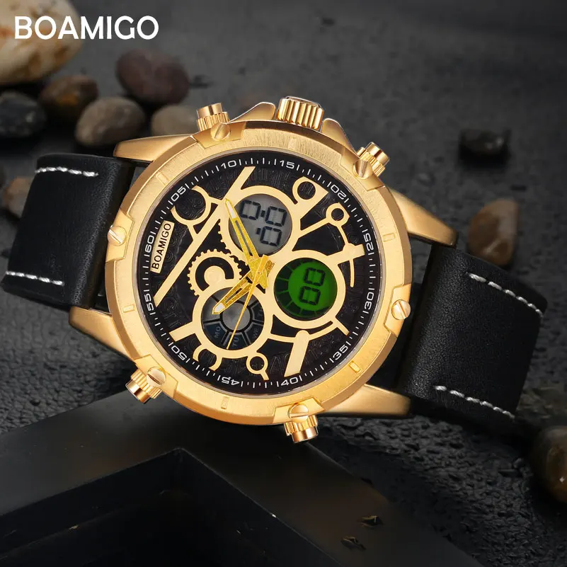 

BOAMIGO Brand Men Sports Watches Man Luxury LED Digital quartz leather Wristwatches Waterproof relogio masculino erkek kol saati