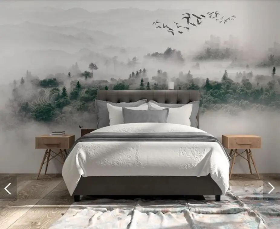 Misty Forest Wallpaper Flying Birds Mural for Living Room  3d Wall s Photo  Nature Foggy Pine Forests Wall 