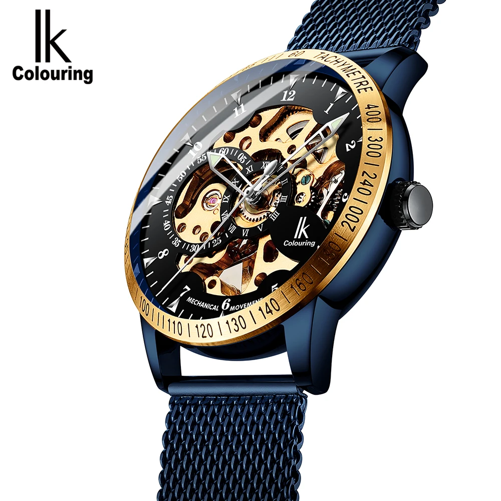 

IK Colouring Mens Watches Mesh Braided Stainless Steel Band Automatic Mechanical Male Clock Skeleton Steampunk Relogio Masculino