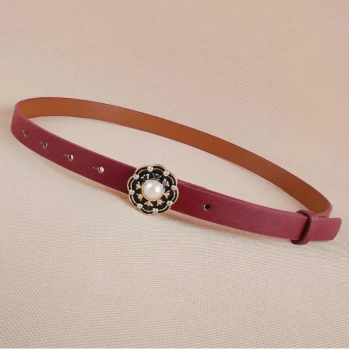 High Quality Leather Slim Belt small Fashion Women Skinny Leather Waist Strap Brown Black Thin Belts enamel flower pearl buckle