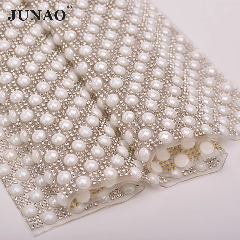 JUNAO 24*40cm Hotfix Pearl Rhinestones Trim Mesh White Pearl Beads Appliques Clear Crystal Fabric Strass Banding For Clothes