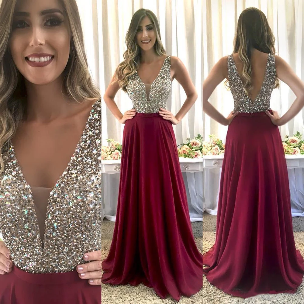 Vestidos de Fiesta formales Borgoña largos elegantes con cuello en V sin mangas cristales brillantes con cuentas corpiño Línea A hasta el suelo vestidos de noche