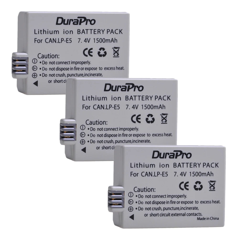 DuraPro 3pcs LP-E5 LP E5 LPE5 7.4V 1500mAh Digital Camera Li-ion Battery for Canon EOS 450D 500D 1000D Rebel XS, Rebel T1i, Rebe