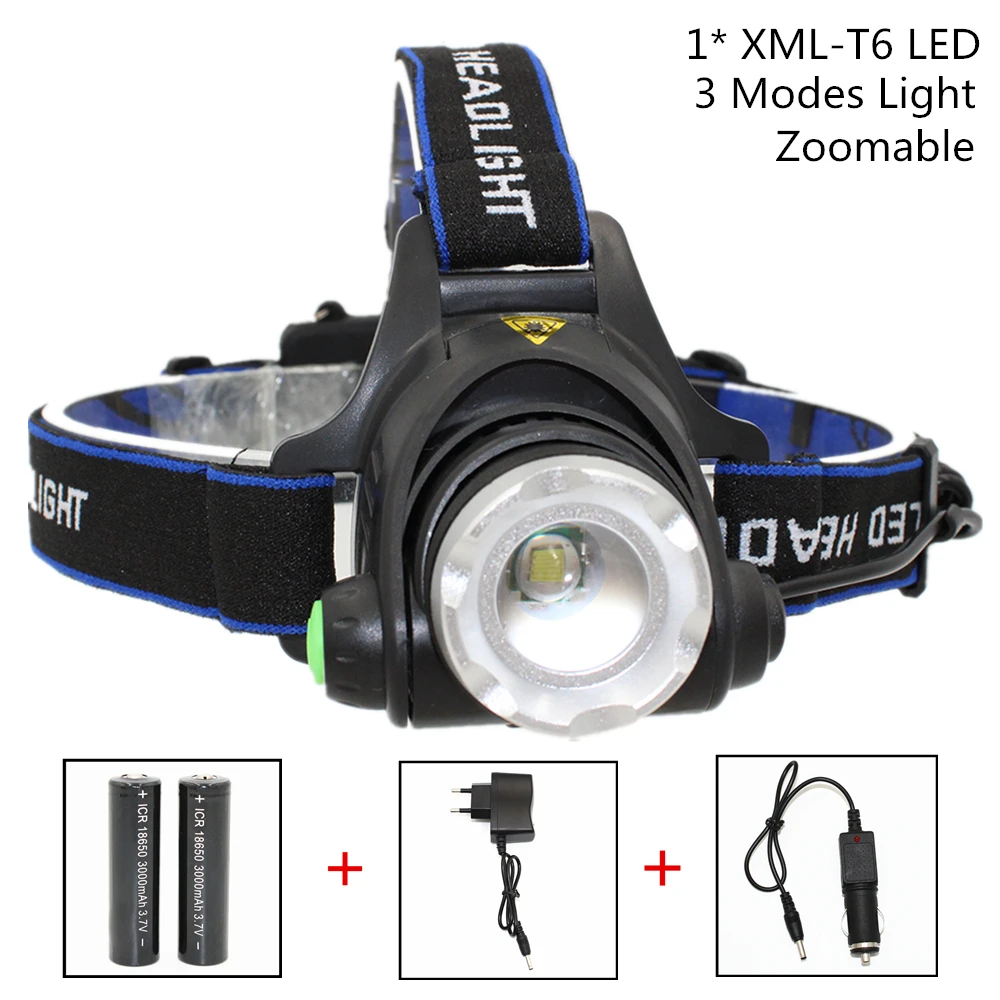 LED Headlight XM-L T6 LED 1000LM Headlamp Light 3 Modes Zoomable Lantern Camping Hunting Flashlight Torch 18650 Battery +Charger