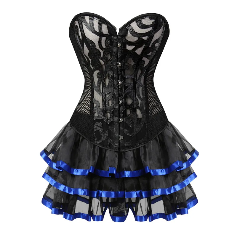 Sapubonva Corset Dress Gothic Overbust Bustier Corsets Mesh Women Skirts Sexy Lace Corselet Renissance Plus Size Plus Size Black