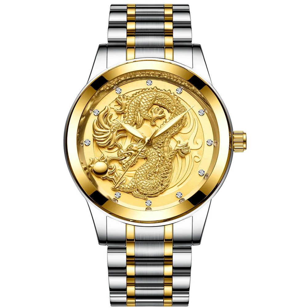 FNGEEN-Relógio Masculino Dragão Padrão Quartz, Cinto de Aço Ultra-Fino, Luminous Gold Color, Novo