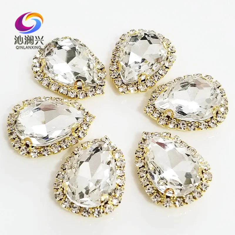 Factory sales Golden bottom Top grade Glass Crystal buckle,Drop shape white sew on rhinestones,Diy wedding decoration 10pcs/pack