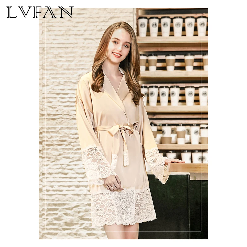 

Lady Spring Long-sleeved New Spinning Silk Nightgown Spring Long-sleeved Silk Home Nightgown Comfortable and Soft DQ809