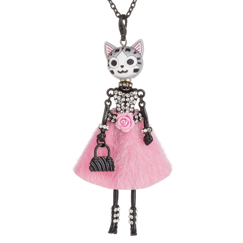 Lovely Flower Dress Cat Head Doll Pendant Necklace Rhinestone Princess Doll Long Chain Choker Necklace For Women Fashion Jewelry