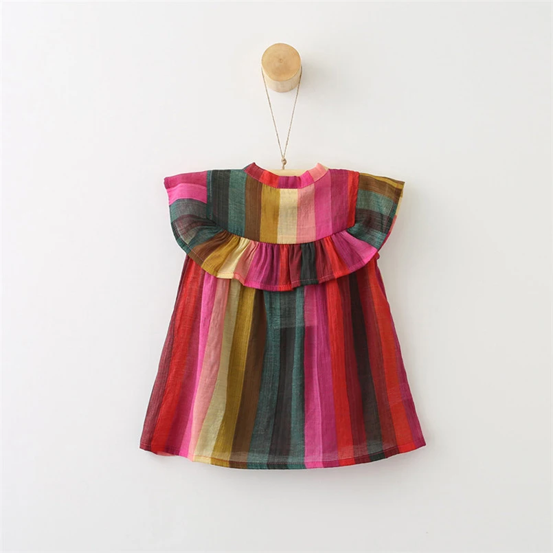 Toddler Baby Girls Summer Clothing Sleeveless rainbow stripe Tops Ruffles collar bow design blouse children clothes 2-7Yrs image 2