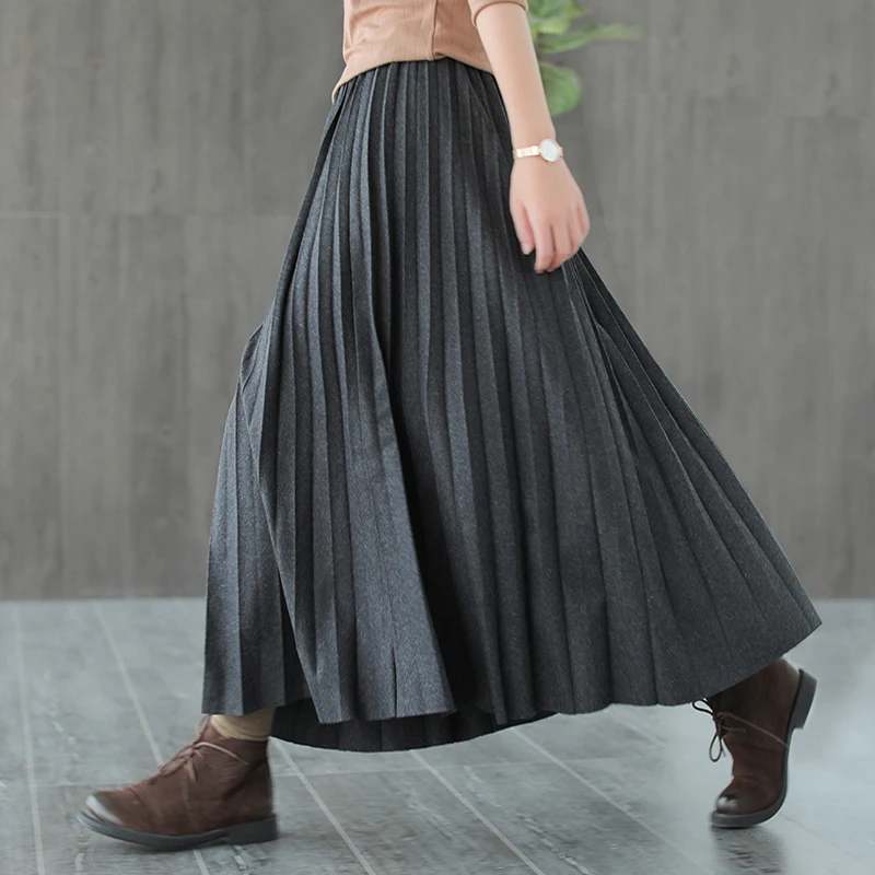 

TIYIHAILEY Free Shipping Fashion Casual Winter And Autumn Vintage Wool Long Maxi Pleated Skirts Elastic Waist Brown Black Skirts