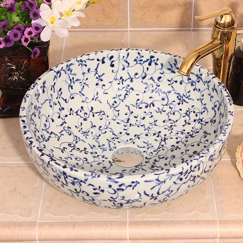 

China Artistic Handmade Counter top Vessel Sink artistic ceramic sink blue and white Ceramic wash basin Bathroom sink