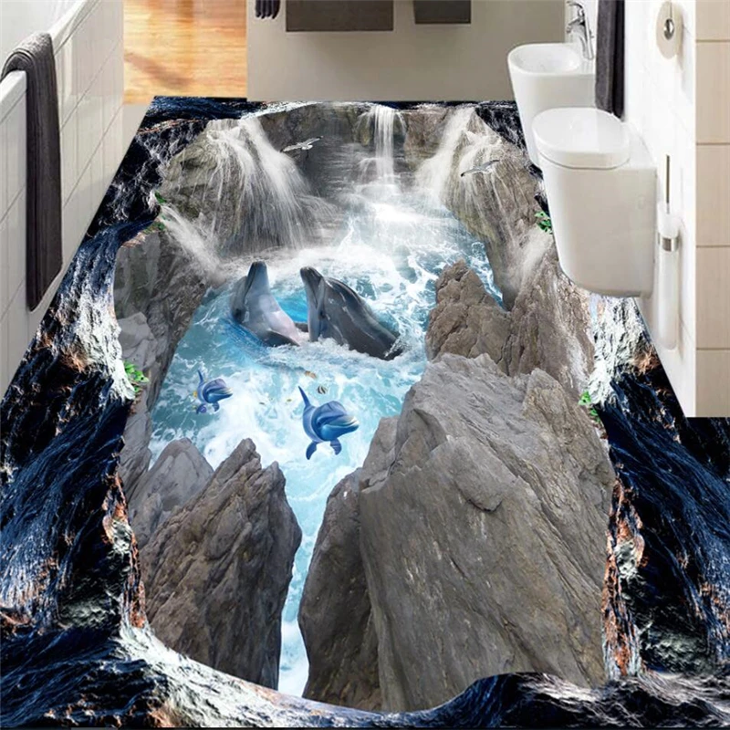 wellyu 3D valley cliff waterfall sea bathroom walkway 3D floor custom large fresco pvc waterproof thick wearable