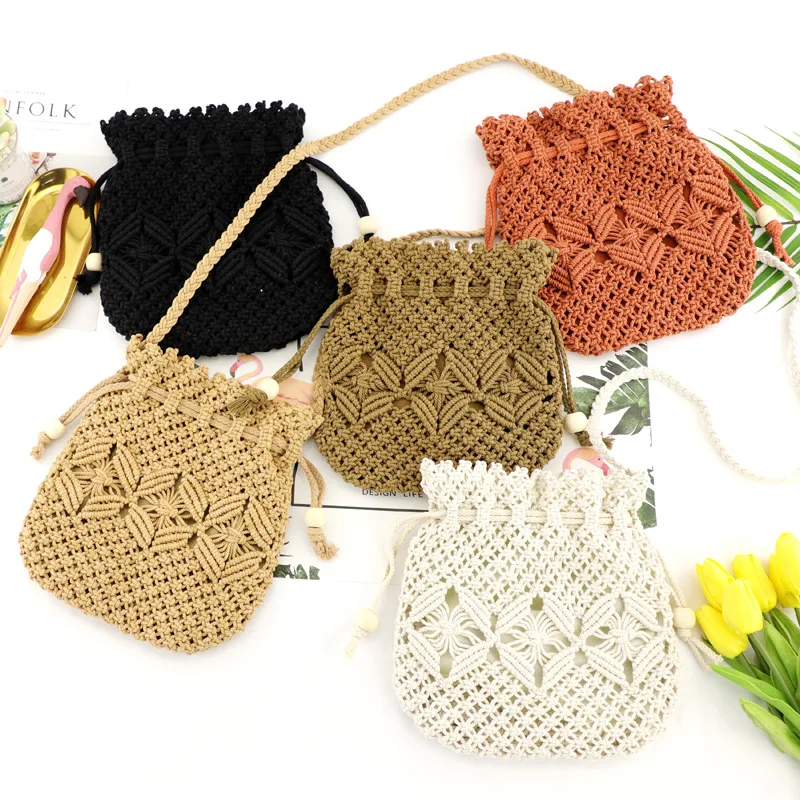 Weaving bucket bag mini crossbody bag Drawstring handbags Vacation leisure beach bag straw handbags