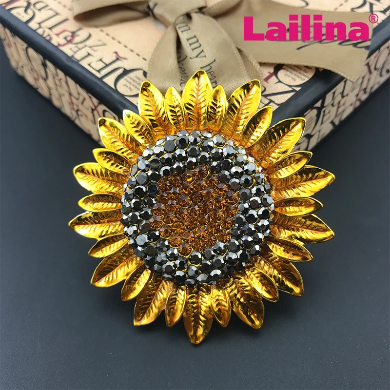 55mm Fashion Jewelry Charming Sunflower Flowers Yellow Rhinestone Crystal Brooch Pin