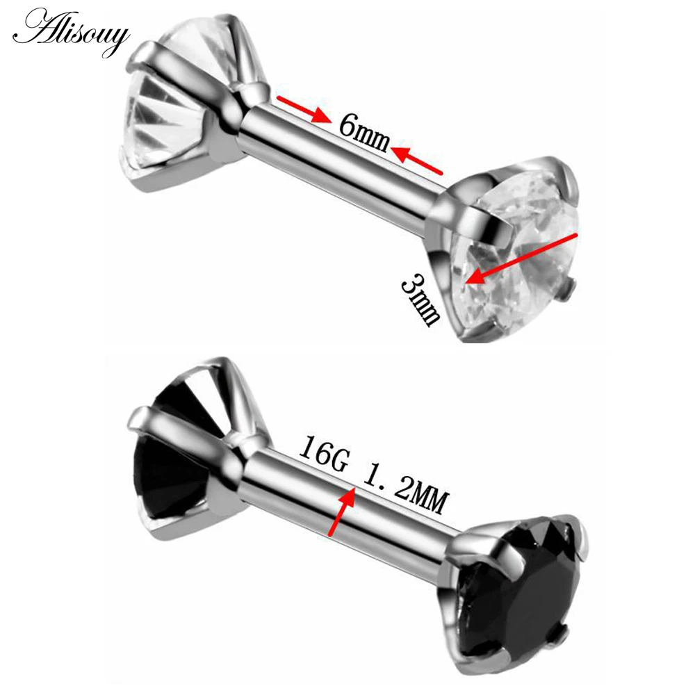 Alisouy 1pc Double Round Earring For Women Surgical Steel Bar Cartilage Piercing Crystal Zircon Rhinestone Ear Stud Bars Jewelry