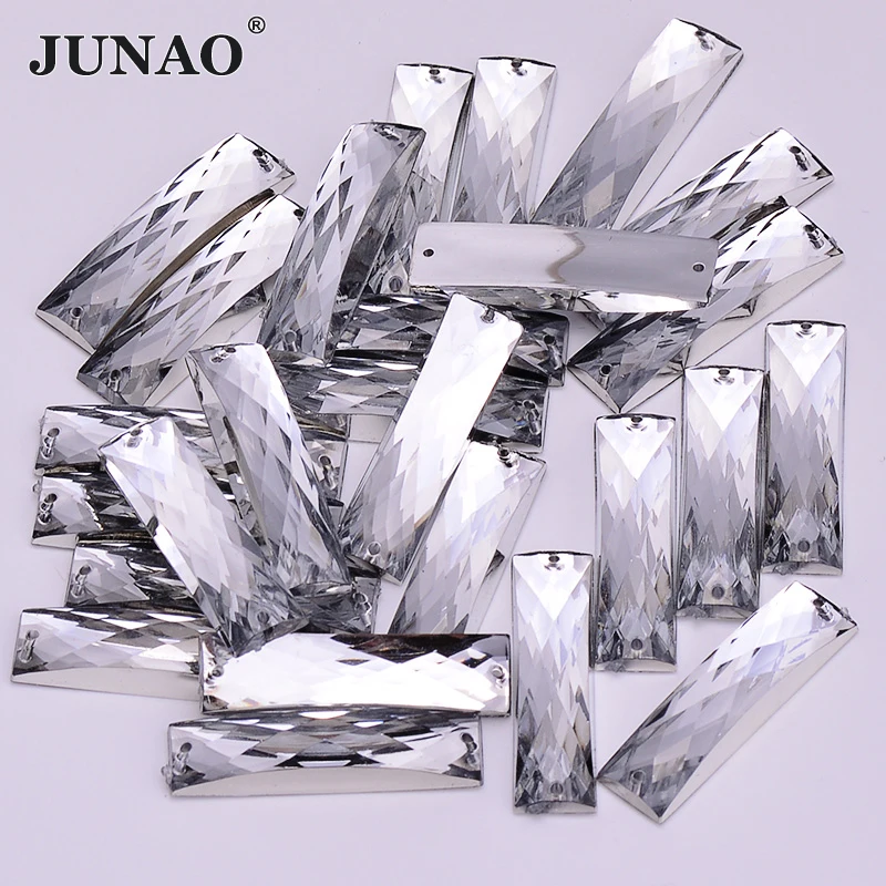 JUNAO 7*26mm 100pcs Sewing Clear White Crystal Flatback Rhinestone Sew On Stone and Crystals Rectangle Acrylic Strass For Crafts