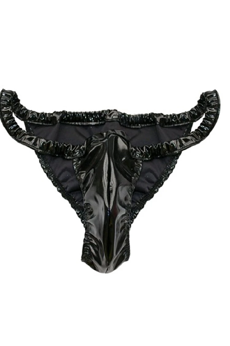 Men's sexy fashion underwear Shine patent leather cow head low waist briefs  boys PU leather performance pants